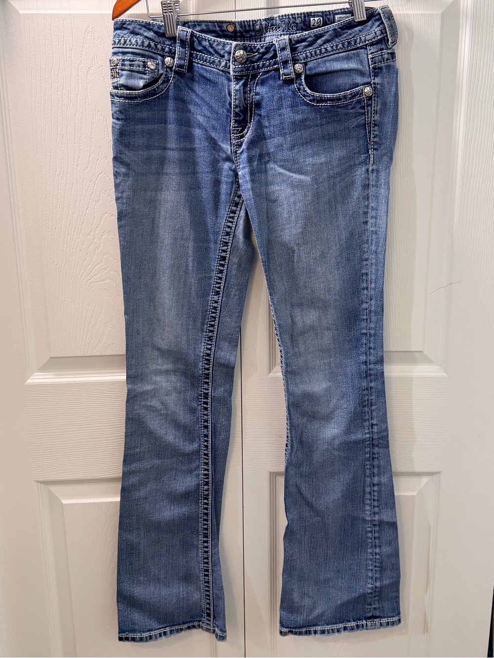 Miss Me Signature Boot Jeans Size 29 Y2K Rhinestone Embellished Low Rise Bootcut